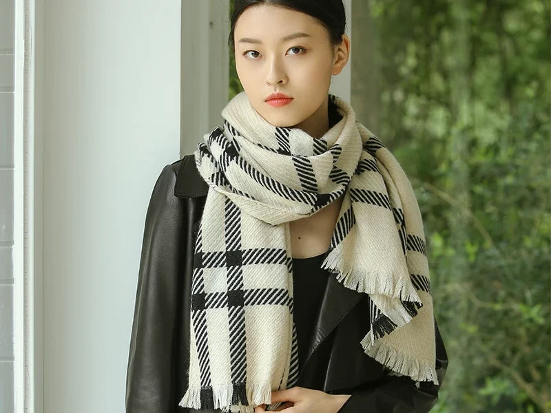 Plaid Striped Scarf Outdoor Fleece Lined Knitted Scarf Turtleneck Collar Cashmere Scarves